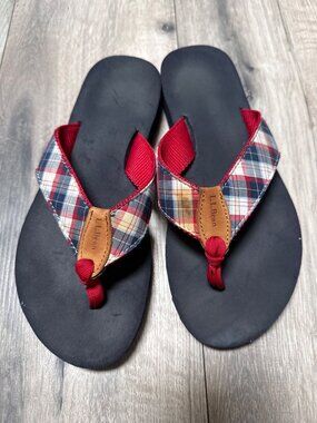 L.L.Bean Womens Plaid Flip Flops Red & Navy Size 8 Medium Casual Comfortable Sum